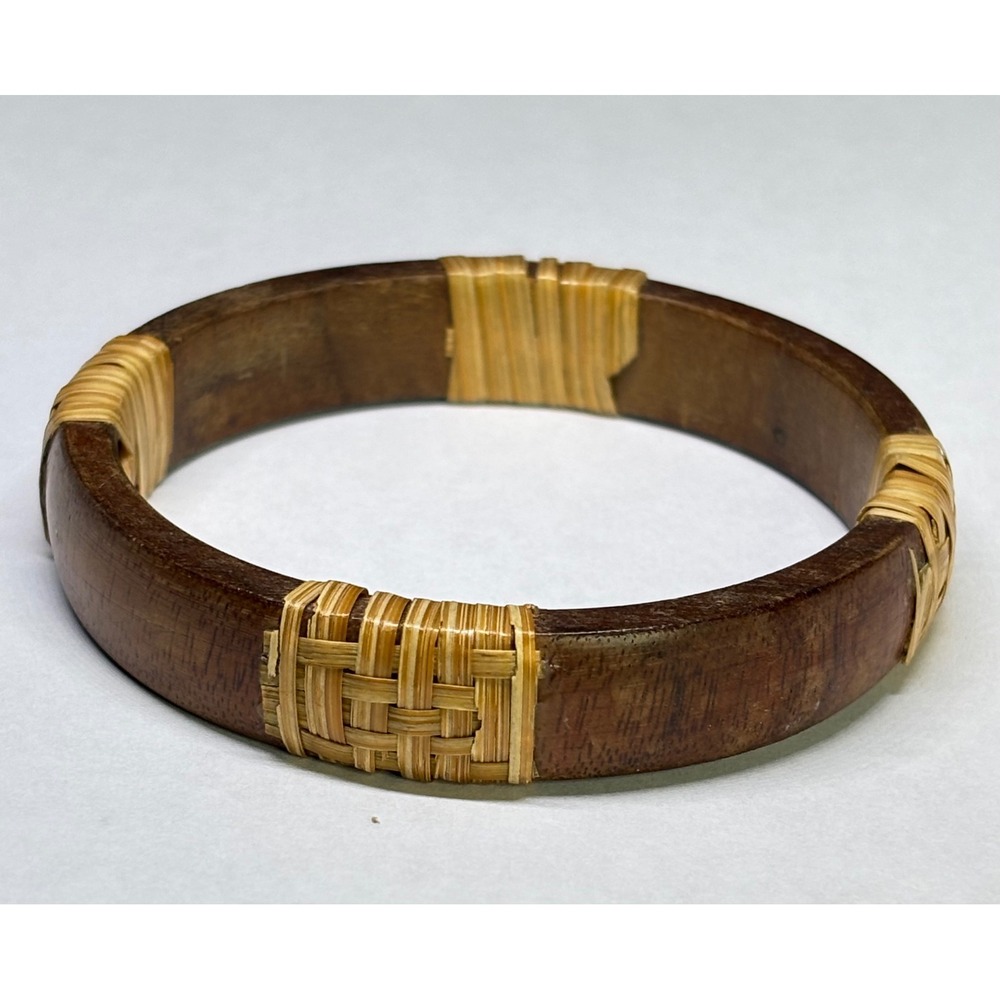Vintage Wood Bangle Bracelet Woven Rattan Boho Tropical 1970s